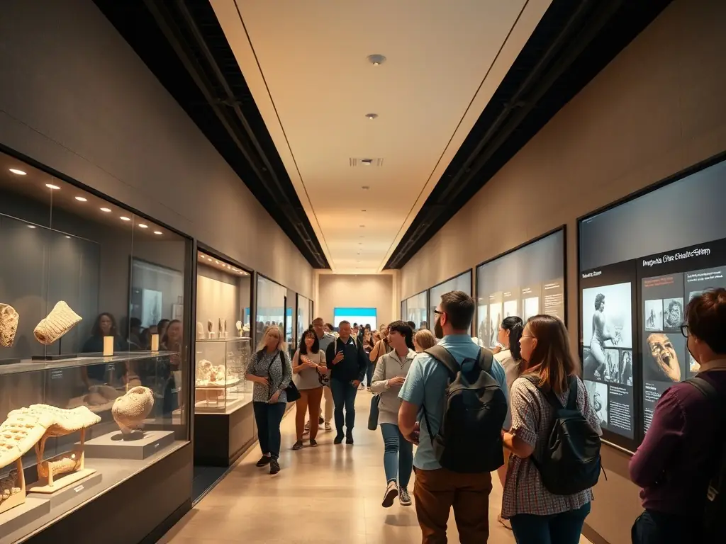 A vibrant image showcasing visitors of all ages participating in a guided tour of the museum, with a focus on historical artifacts and interactive displays.