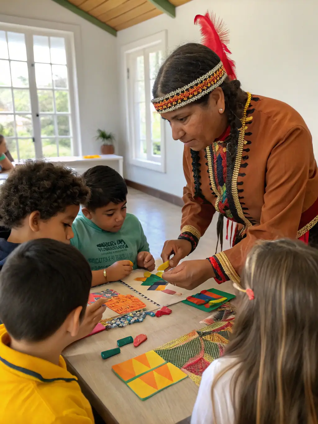 A group of children participating in a hands-on workshop with museum staff guiding them, representing the Educational Programs at Musée de Prat.
