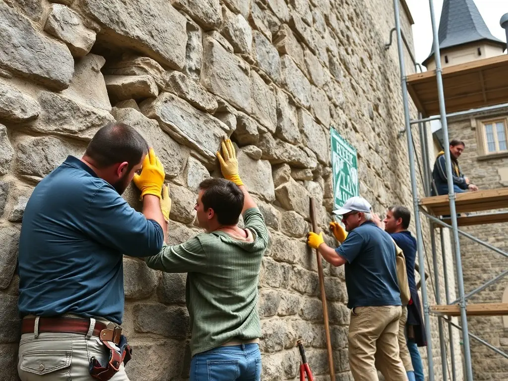 An image depicting volunteers working on a heritage preservation project, such as restoring a historical building or archiving local documents.