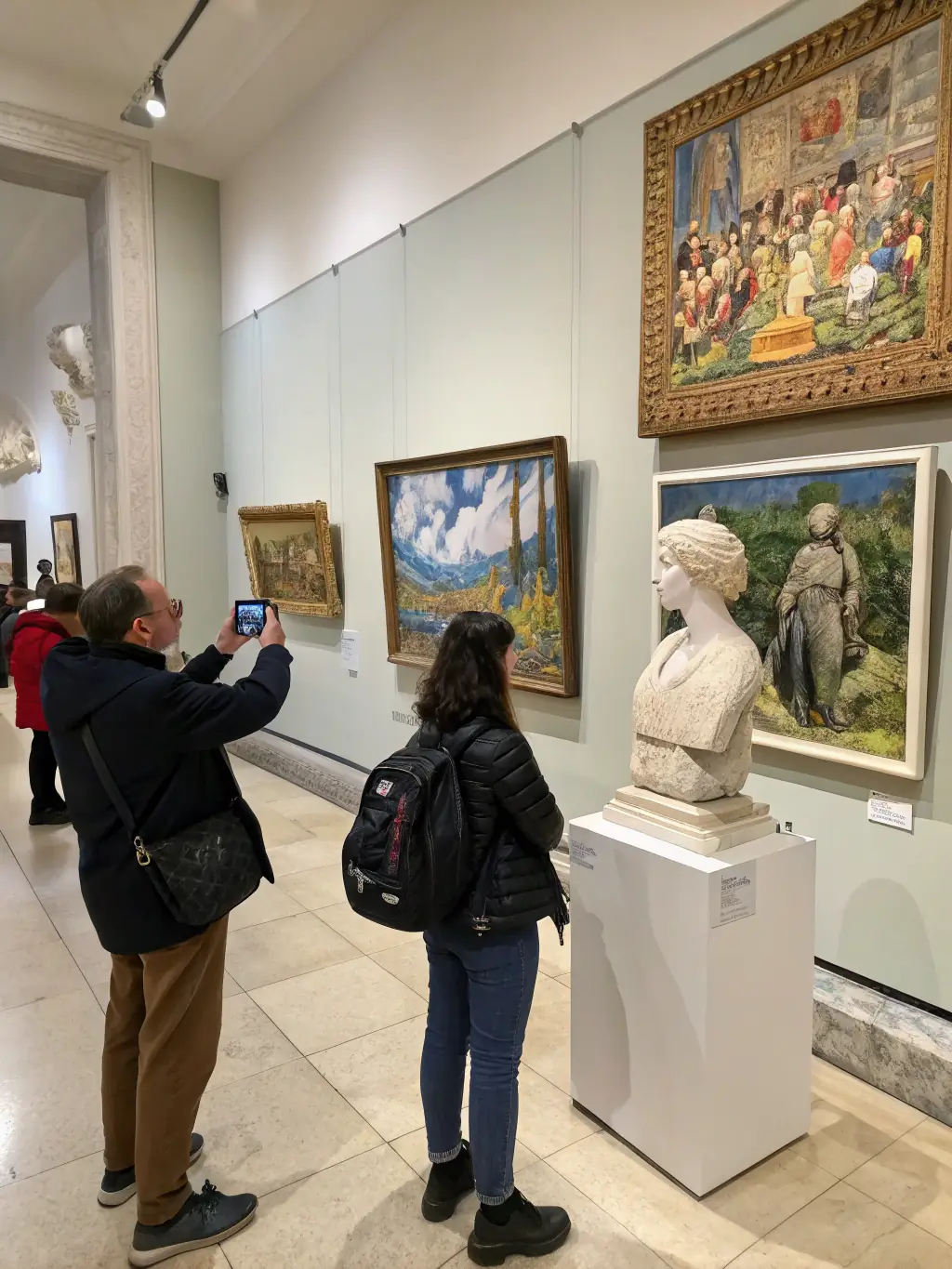 A wide shot of an art exhibition at the Musée de Prat, featuring works by local artists and historical artifacts, with visitors admiring the displays.