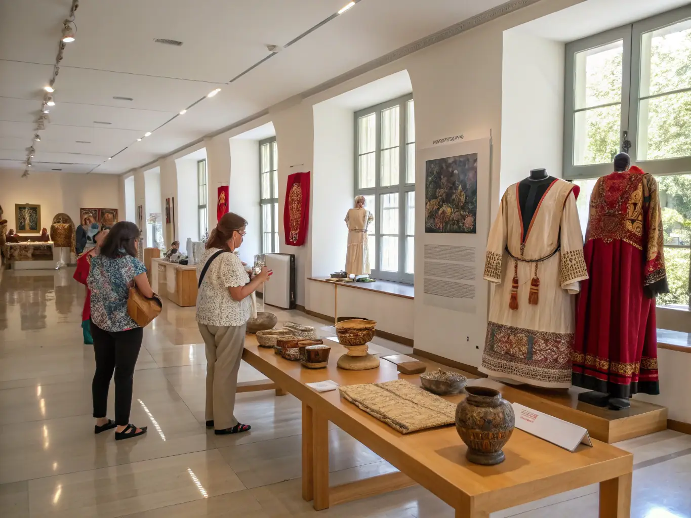 A photograph of the current cultural exhibition at the Musée de Prat, showcasing artifacts and artwork related to the local history of Labrousse. The image captures visitors engaging with the exhibits.