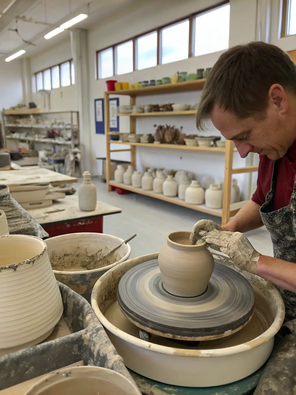 A detailed close-up shot of a local artist leading a pottery demonstration during a cultural heritage event at the Musée de Prat, showcasing traditional techniques.