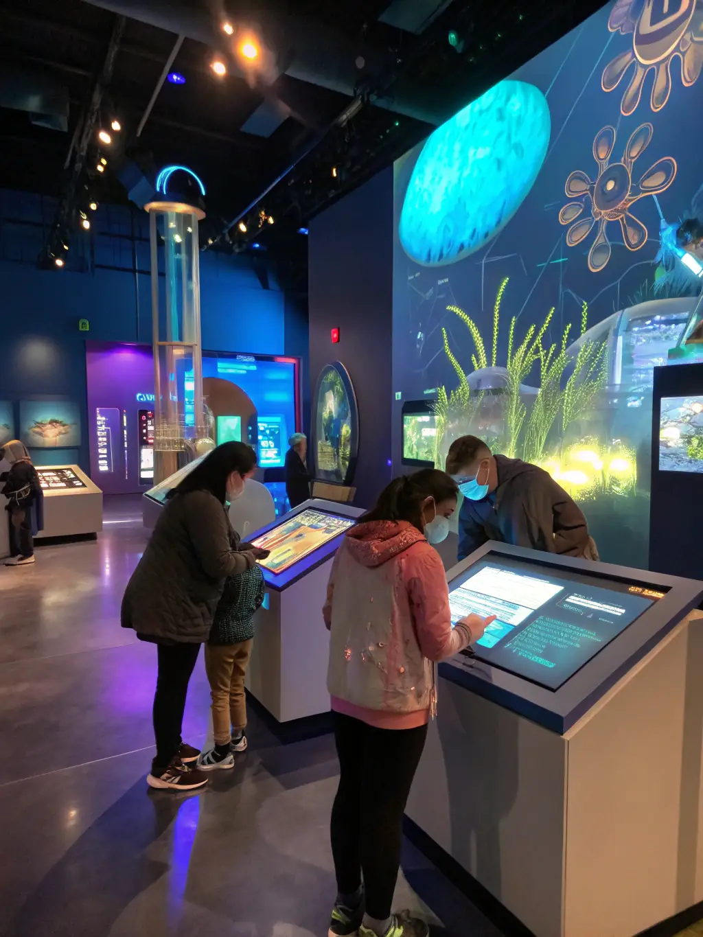 A vibrant image of visitors exploring an interactive exhibition with historical artifacts and colorful displays, showcasing the Cultural Exhibitions program at Musée de Prat.