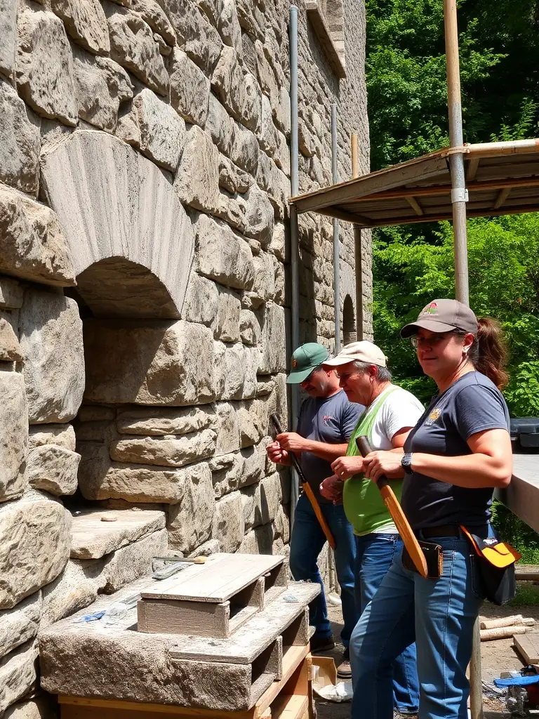 A photograph of volunteers working on a heritage preservation project at a local historical site, showcasing community involvement and dedication to preserving local history.