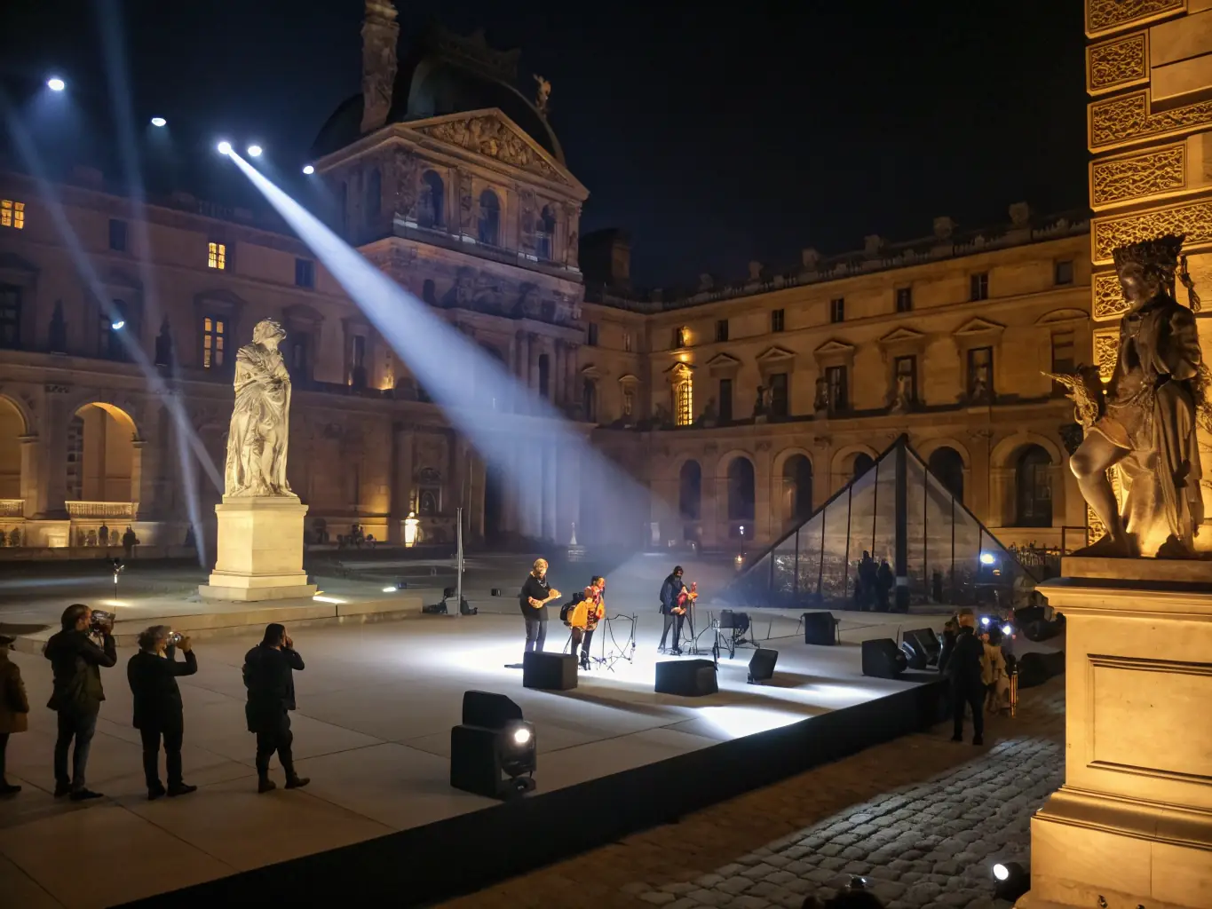 A photograph capturing the opening night of a cultural exhibition at Musée de Prat, featuring attendees admiring historical artifacts and artwork under soft lighting.