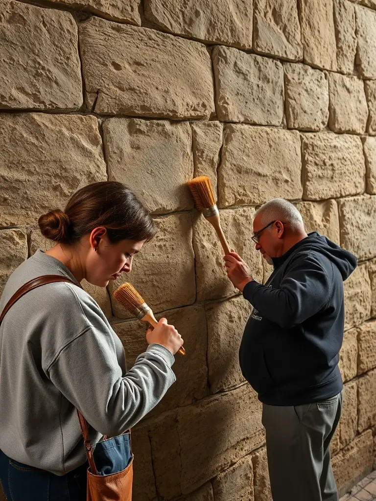 A team of volunteers working on restoring historical artifacts in a workshop setting, illustrating the Heritage Preservation Initiatives at Musée de Prat.