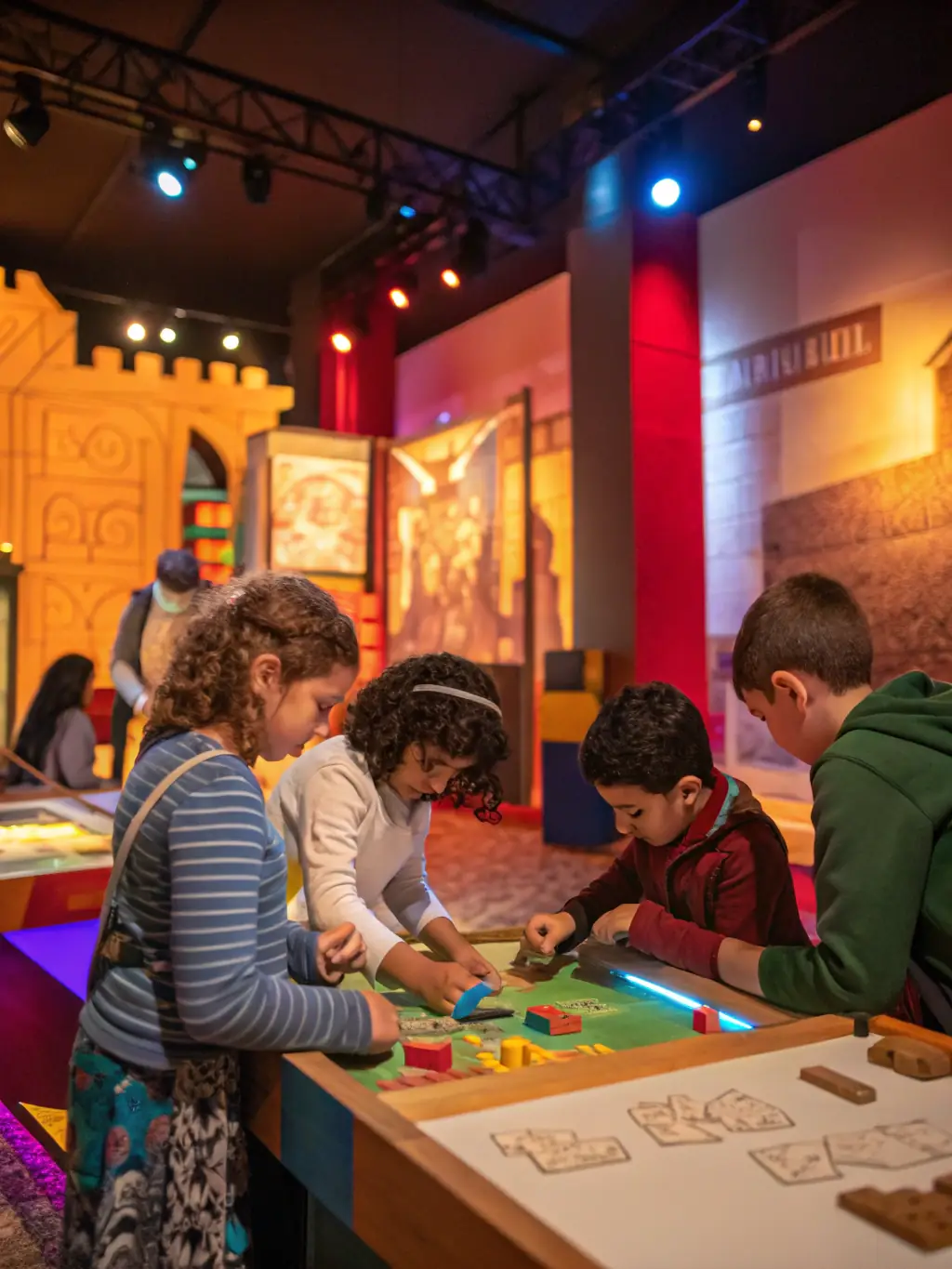 A vibrant photograph capturing children participating in an interactive history workshop at the Musée de Prat, surrounded by historical artifacts and engaging learning materials.